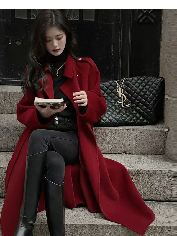 Palton lung de lână pentru femei, nasturi dublu rând, croială lejeră, guler pătrat, lungime 80–100 cm, material lână peste 95%, stil Harajuku