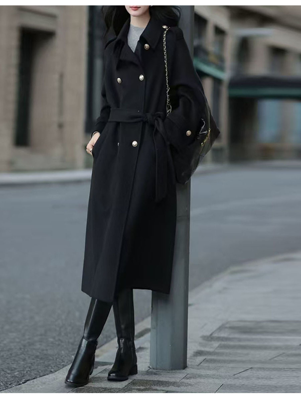 Palton lung de lână pentru femei, nasturi dublu rând, croială lejeră, guler pătrat, lungime 80–100 cm, material lână peste 95%, stil Harajuku