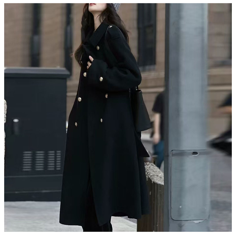 Palton lung de lână pentru femei, nasturi dublu rând, croială lejeră, guler pătrat, lungime 80–100 cm, material lână peste 95%, stil Harajuku