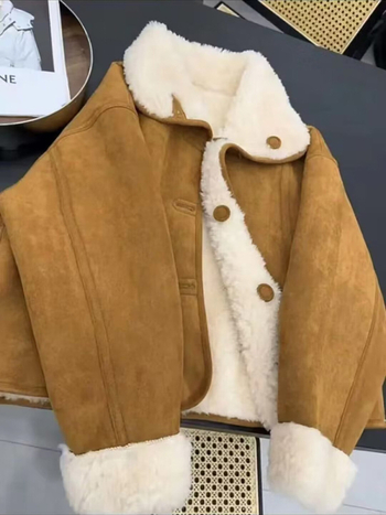 Palton damă din suede, căptușit cu blană de miel, reversibil, mâneci lungi, guler halter, lungime medie, iarnă 2024, stil casual