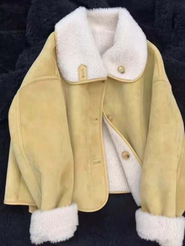 Palton damă din suede, căptușit cu blană de miel, reversibil, mâneci lungi, guler halter, lungime medie, iarnă 2024, stil casual