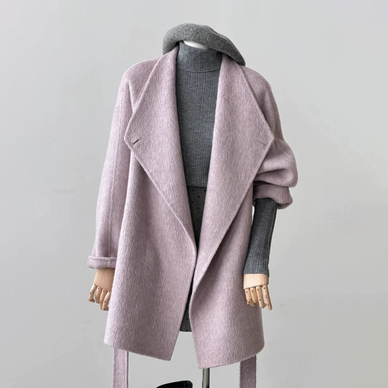 Ružičasto-ljubičasti vuneni kaput za žene, srednje duljine, zima, plus veličina, korejski stil, elegantan, mladenački izgled