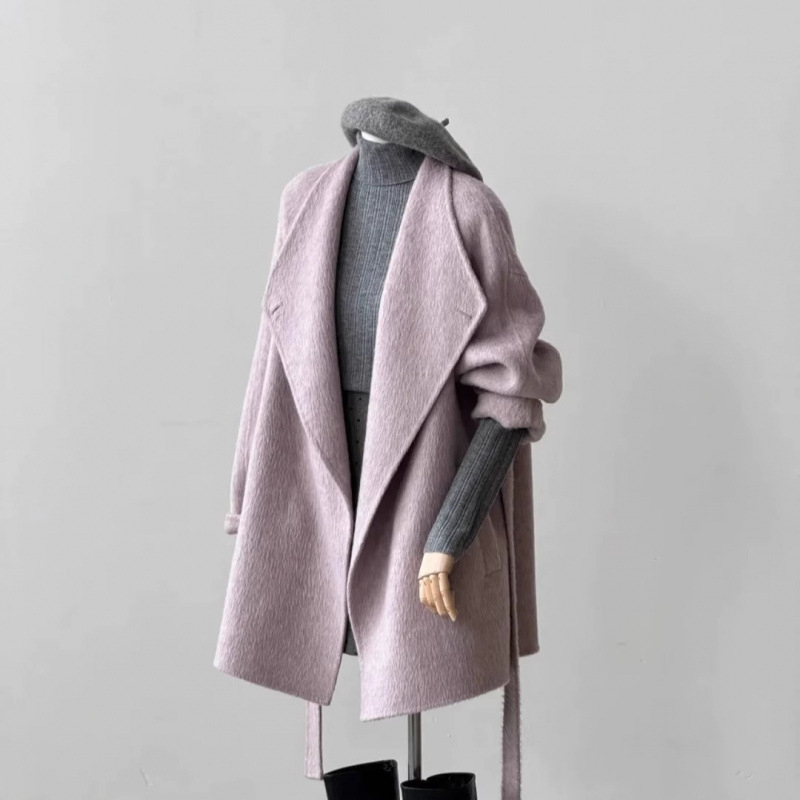 Ružičasto-ljubičasti vuneni kaput za žene, srednje duljine, zima, plus veličina, korejski stil, elegantan, mladenački izgled
