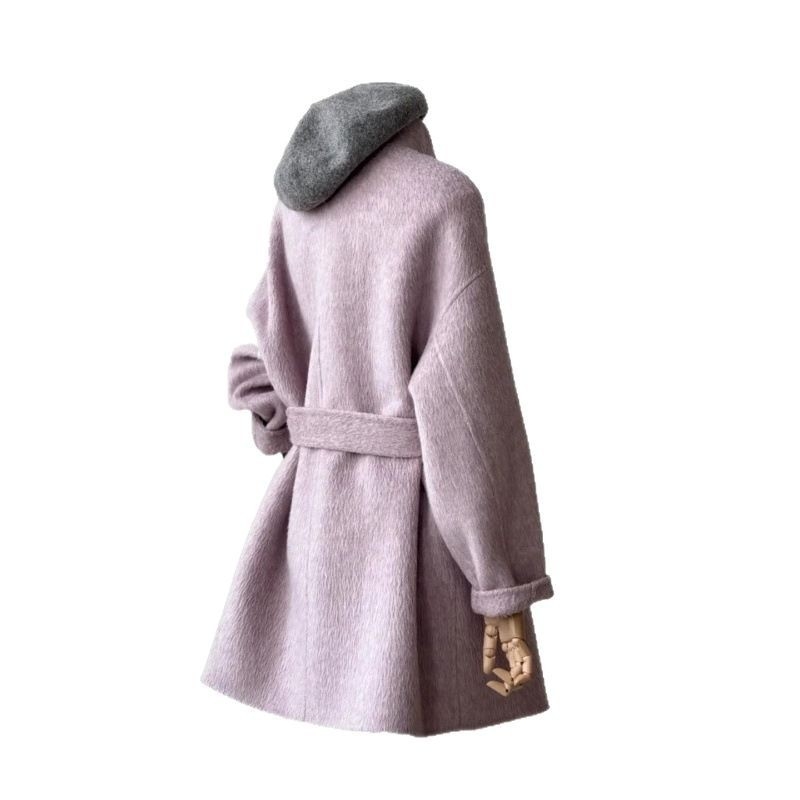 Ružičasto-ljubičasti vuneni kaput za žene, srednje duljine, zima, plus veličina, korejski stil, elegantan, mladenački izgled