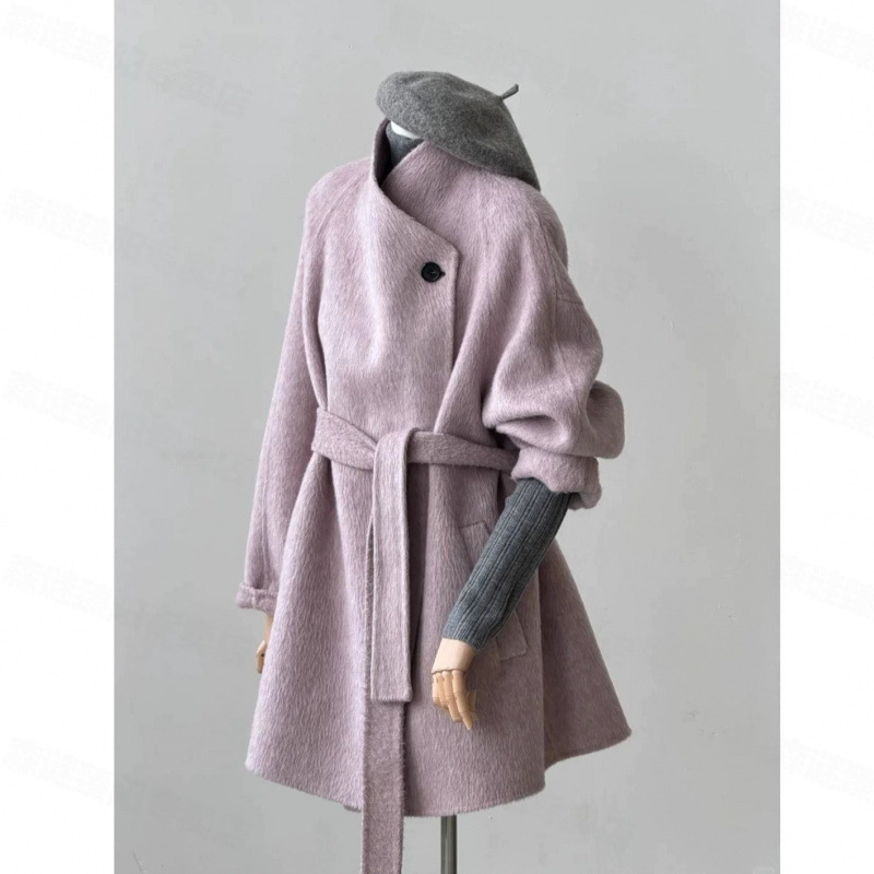 Ružičasto-ljubičasti vuneni kaput za žene, srednje duljine, zima, plus veličina, korejski stil, elegantan, mladenački izgled