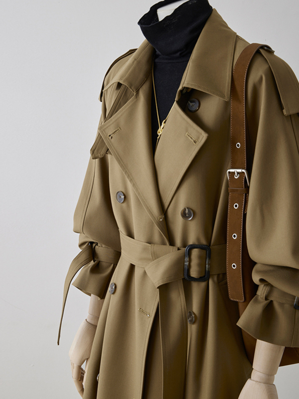 Ženski khaki trench kaput srednje duljine, jesen-zima 2025, klasičan dvoredni kaput s kaišem