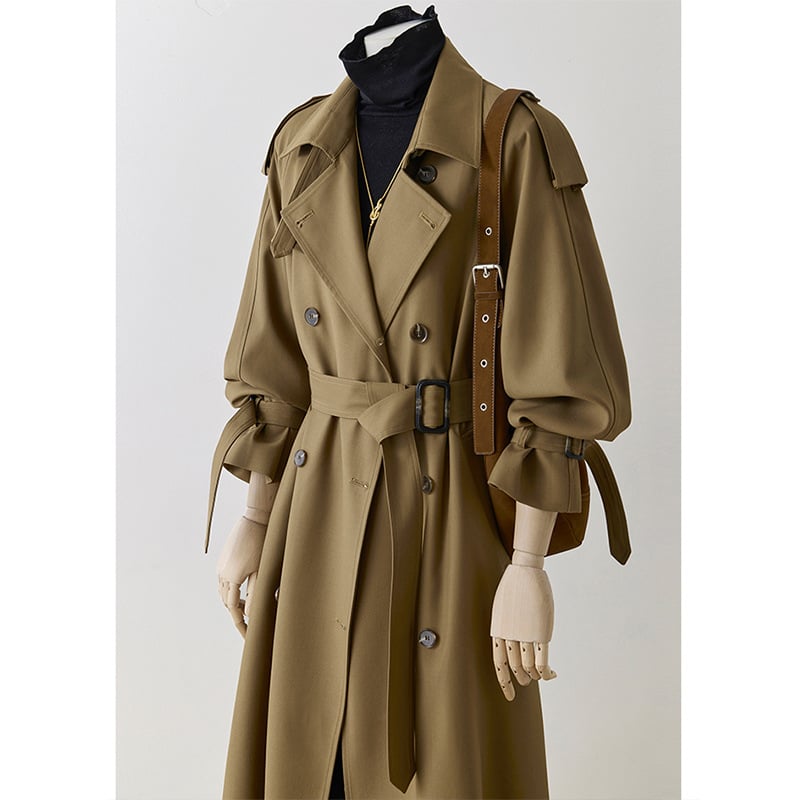 Ženski khaki trench kaput srednje duljine, jesen-zima 2025, klasičan dvoredni kaput s kaišem