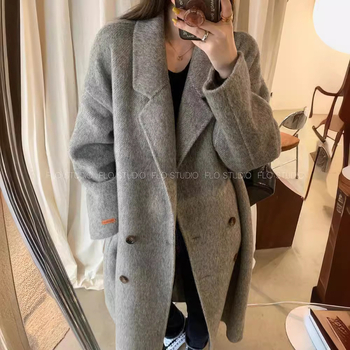 Női tweed kabát, koreai/japán lazító stílus, gyapjú keverék 30–50%, hosszabbított hossz >100 cm, dupla gombolás