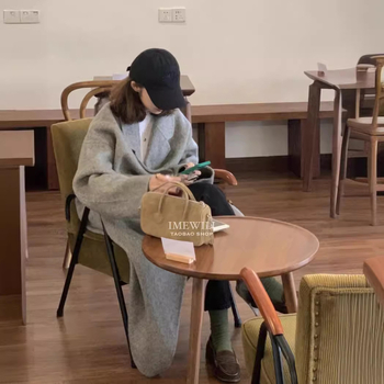 Női tweed kabát, koreai/japán lazító stílus, gyapjú keverék 30–50%, hosszabbított hossz >100 cm, dupla gombolás