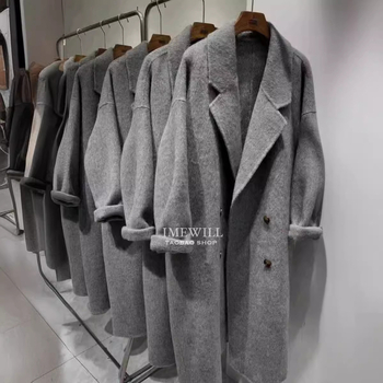 Női tweed kabát, koreai/japán lazító stílus, gyapjú keverék 30–50%, hosszabbított hossz >100 cm, dupla gombolás