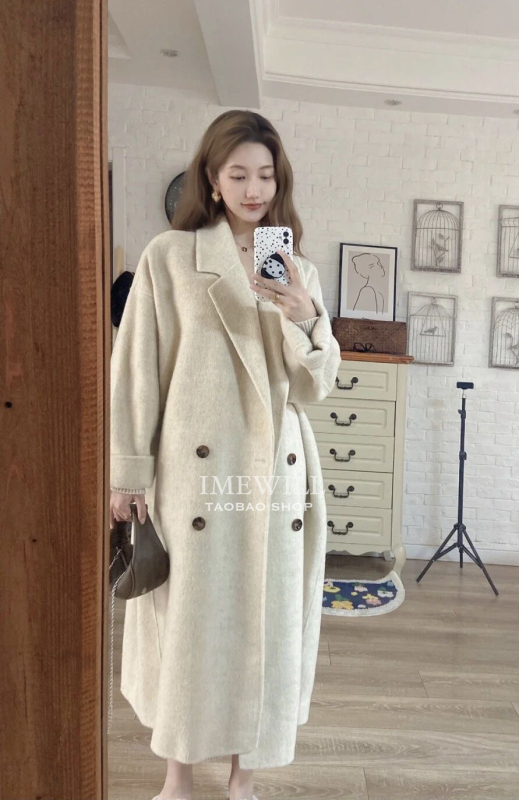 Női tweed kabát, koreai/japán lazító stílus, gyapjú keverék 30–50%, hosszabbított hossz >100 cm, dupla gombolás