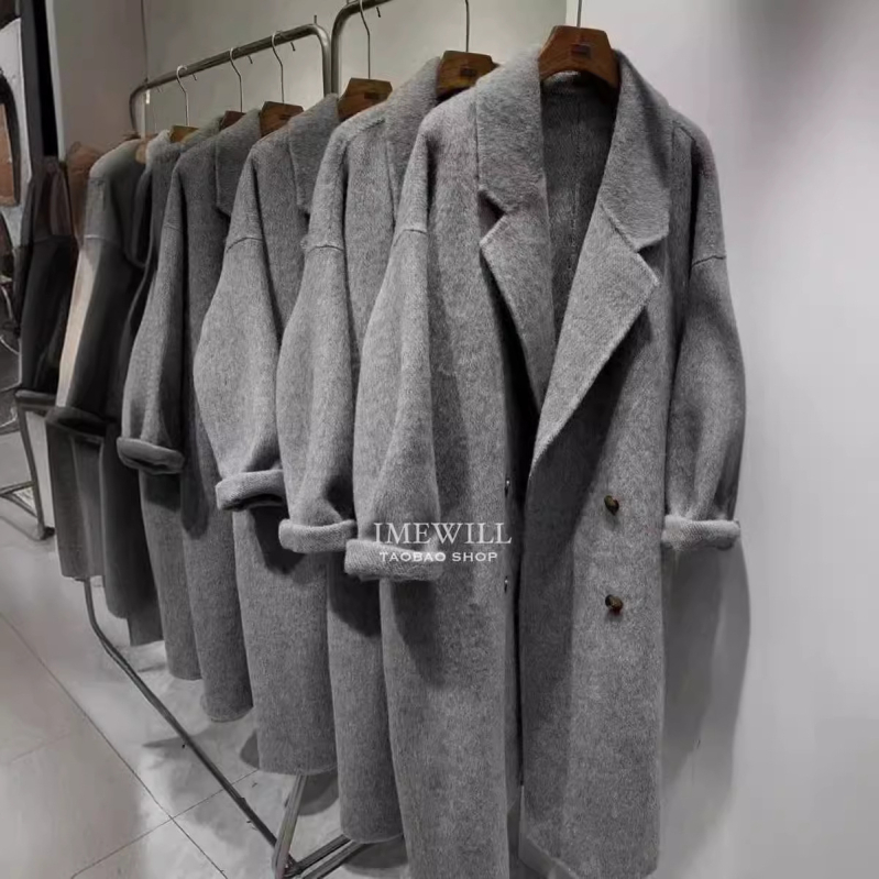 Női tweed kabát, koreai/japán lazító stílus, gyapjú keverék 30–50%, hosszabbított hossz >100 cm, dupla gombolás