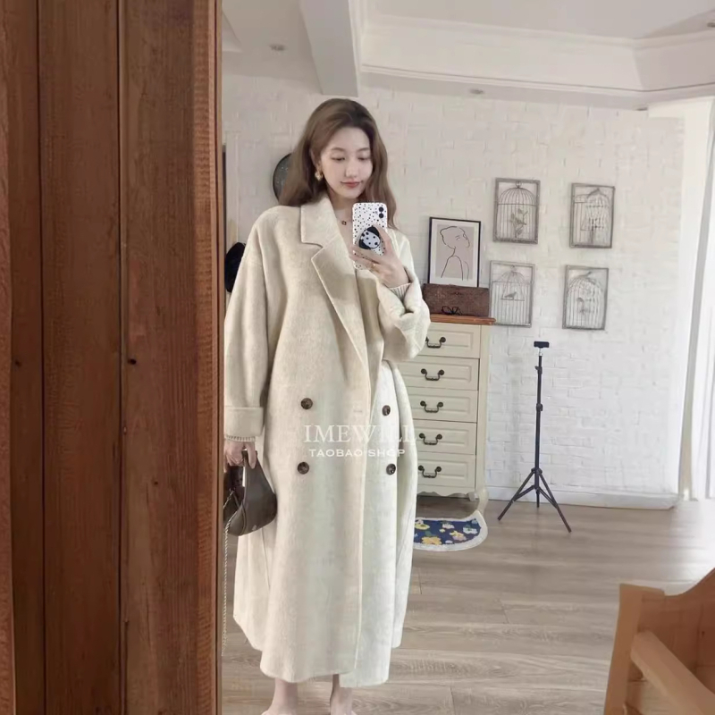 Női tweed kabát, koreai/japán lazító stílus, gyapjú keverék 30–50%, hosszabbított hossz >100 cm, dupla gombolás