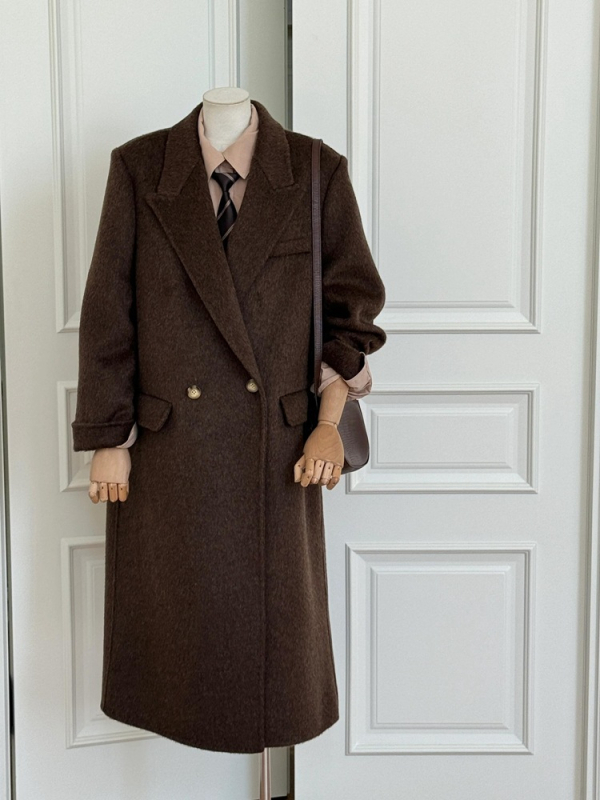 Ženski vuneni kaput, dvostrani, srednje duljine, korejski stil, ravna ramena