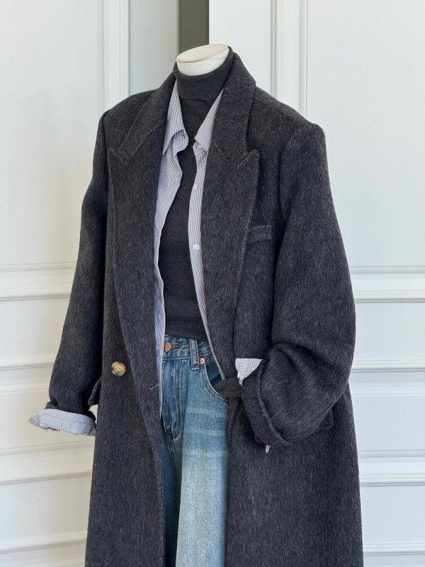 Ženski vuneni kaput, dvostrani, srednje duljine, korejski stil, ravna ramena