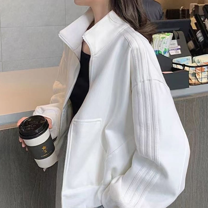 Jachetă sport pentru femei, croială lejeră, poliester, fermoar, guler înalt