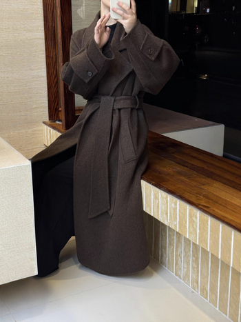 Paltoan reversibil de lână pentru femei, lung, croială slim, guler sacou, închidere cu șnur