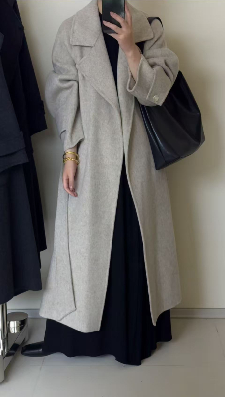 Paltoan reversibil de lână pentru femei, lung, croială slim, guler sacou, închidere cu șnur