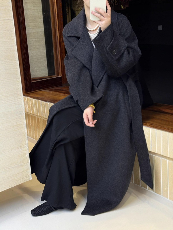 Paltoan reversibil de lână pentru femei, lung, croială slim, guler sacou, închidere cu șnur