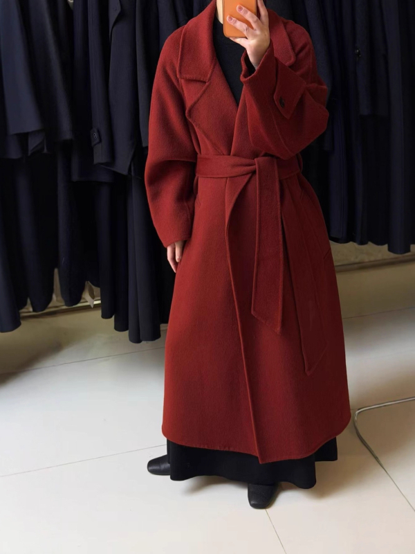 Paltoan reversibil de lână pentru femei, lung, croială slim, guler sacou, închidere cu șnur