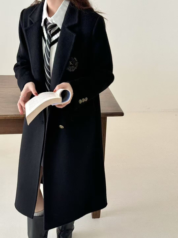 Dámsky dvojstranný vlnený kabát, koreánsky štýl preppy, golier saka, dlhý strih, vlnená zmes 70–80%