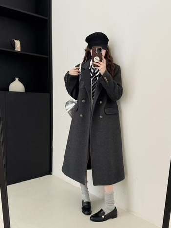 Dámsky dvojstranný vlnený kabát, koreánsky štýl preppy, golier saka, dlhý strih, vlnená zmes 70–80%
