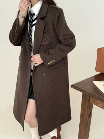 Dámsky dvojstranný vlnený kabát, koreánsky štýl preppy, golier saka, dlhý strih, vlnená zmes 70–80%