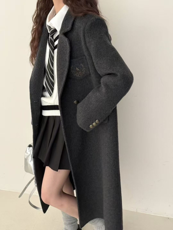 Dámsky dvojstranný vlnený kabát, koreánsky štýl preppy, golier saka, dlhý strih, vlnená zmes 70–80%