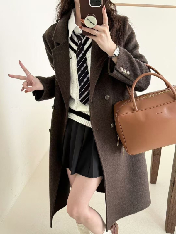 Dámsky dvojstranný vlnený kabát, koreánsky štýl preppy, golier saka, dlhý strih, vlnená zmes 70–80%