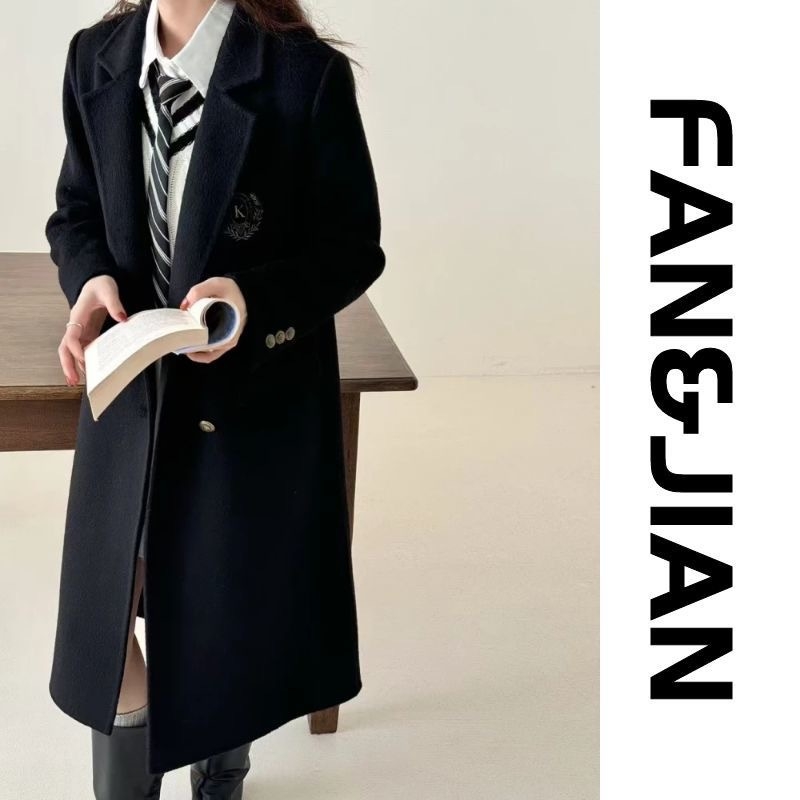 Dámsky dvojstranný vlnený kabát, koreánsky štýl preppy, golier saka, dlhý strih, vlnená zmes 70–80%