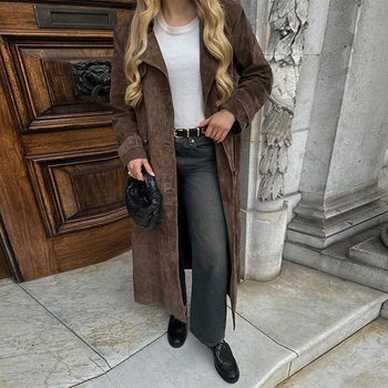 Ženski dugi kaput s vezicom oko struka, dvostruko kopčanje, rever, dugi rukavi, jednofarban, materijal: poliester i pamuk, casual stil