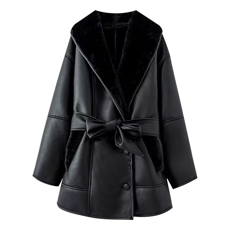 Ženski dvodijelni kožno-krzneni windbreaker u jednom komadu, PU+Spandex, 3D efekt, dugi rukavi, polo ovratnik