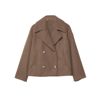 Palton damă din țesătură de poliester, guler rever, închidere cu nasturi dubli, mâneci lungi, lungime 50–65 cm