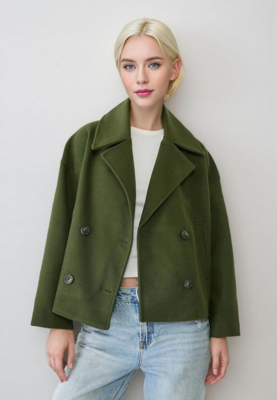 Palton damă din țesătură de poliester, guler rever, închidere cu nasturi dubli, mâneci lungi, lungime 50–65 cm