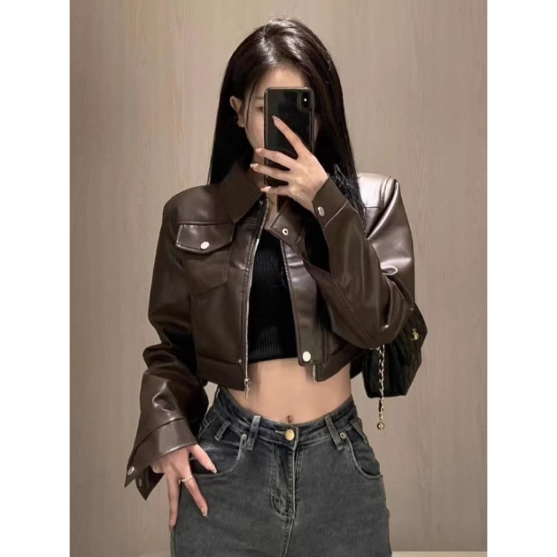 Geacă motociclistă pentru femei, material acrilic, guler polo, mâneci lungi, toamna 2024