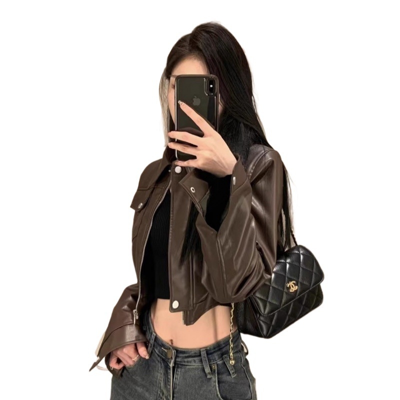 Geacă motociclistă pentru femei, material acrilic, guler polo, mâneci lungi, toamna 2024