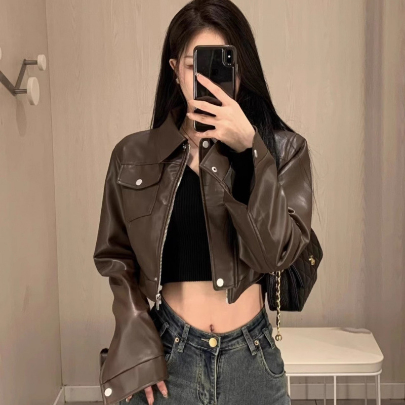 Geacă motociclistă pentru femei, material acrilic, guler polo, mâneci lungi, toamna 2024