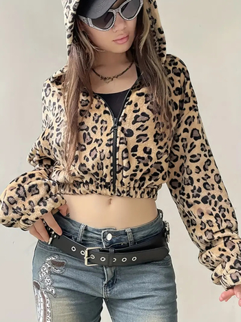 Jachetă de fâș leopard print cu glugă, croială lejeră, fermoar, poliester (≥95%)