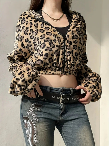 Jachetă de fâș leopard print cu glugă, croială lejeră, fermoar, poliester (≥95%)