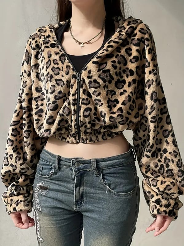 Jachetă de fâș leopard print cu glugă, croială lejeră, fermoar, poliester (≥95%)