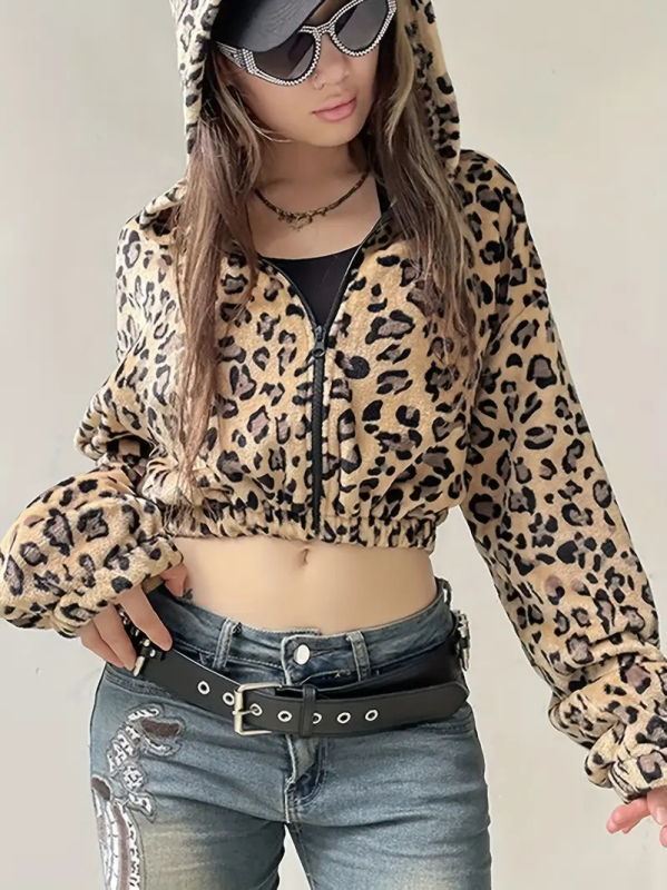 Jachetă de fâș leopard print cu glugă, croială lejeră, fermoar, poliester (≥95%)