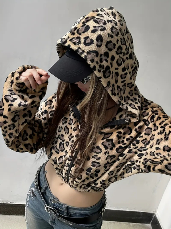 Jachetă de fâș leopard print cu glugă, croială lejeră, fermoar, poliester (≥95%)
