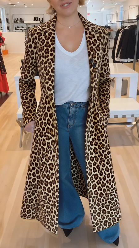 Ženski dugi trench kaput s leopard printom, poliester-elastan tkanina, kroj A-linije, ovratnik u stilu sakua, jesen 2025