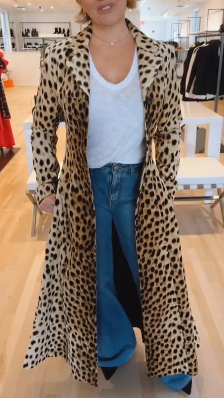Ženski dugi trench kaput s leopard printom, poliester-elastan tkanina, kroj A-linije, ovratnik u stilu sakua, jesen 2025