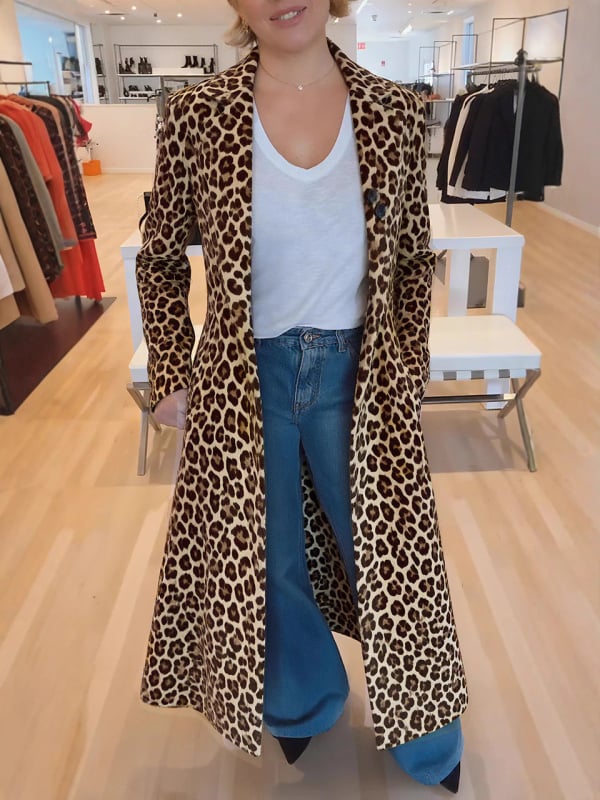 Ženski dugi trench kaput s leopard printom, poliester-elastan tkanina, kroj A-linije, ovratnik u stilu sakua, jesen 2025