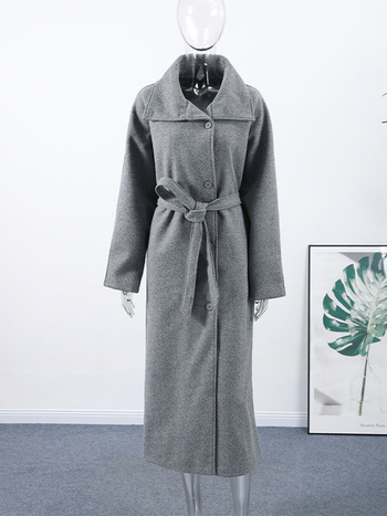 Palton de damă din lână, lung, pentru un stil elegant de navetă, cu guler înalt și deschidere cu șiret