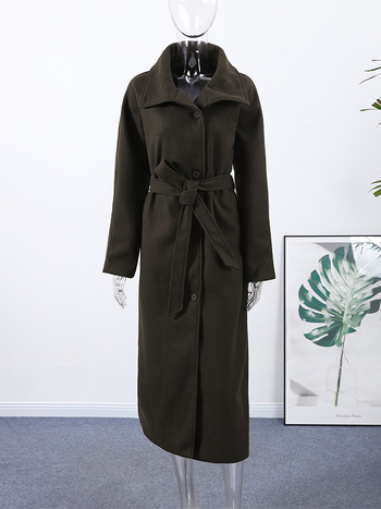 Palton de damă din lână, lung, pentru un stil elegant de navetă, cu guler înalt și deschidere cu șiret