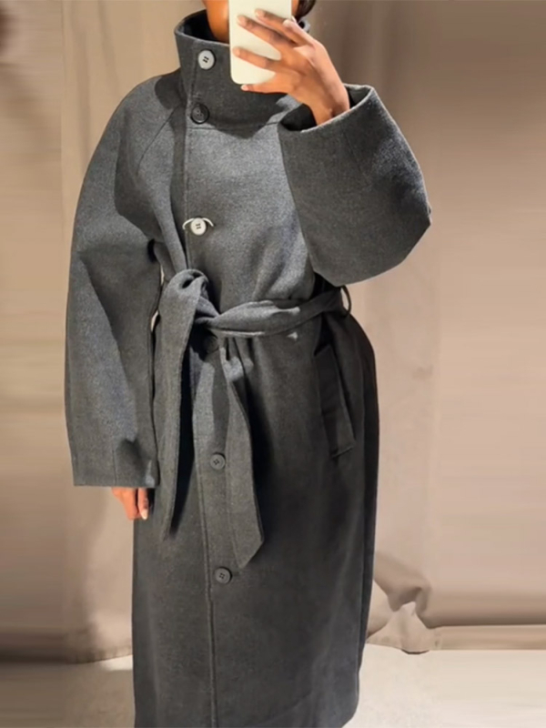 Palton de damă din lână, lung, pentru un stil elegant de navetă, cu guler înalt și deschidere cu șiret