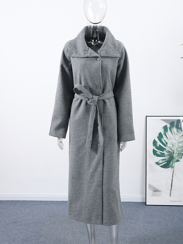 Palton de damă din lână, lung, pentru un stil elegant de navetă, cu guler înalt și deschidere cu șiret