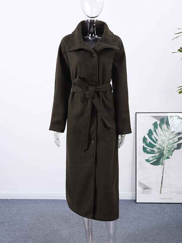 Palton de damă din lână, lung, pentru un stil elegant de navetă, cu guler înalt și deschidere cu șiret